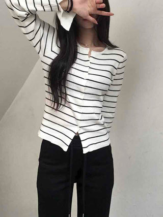 Marine Border Round Neck Slim Button Knit Cardigan