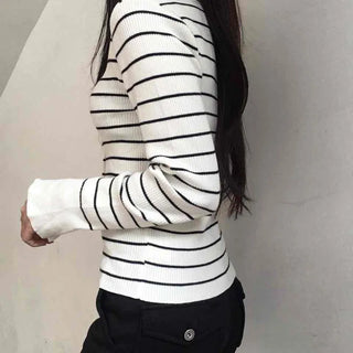 Marine Border Round Neck Slim Button Knit Cardigan