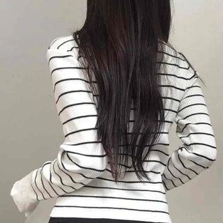 Marine Border Round Neck Slim Button Knit Cardigan