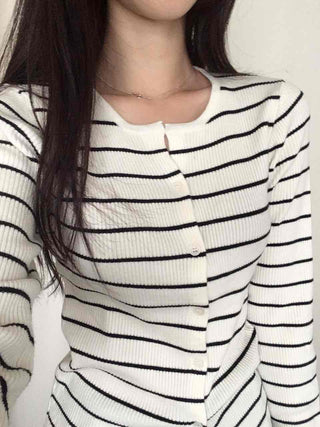 Marine Border Round Neck Slim Button Knit Cardigan