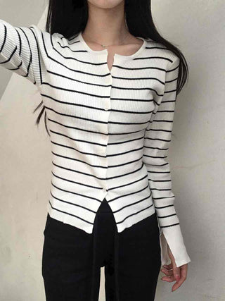 Marine Border Round Neck Slim Button Knit Cardigan