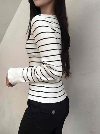 Marine Border Round Neck Slim Button Knit Cardigan