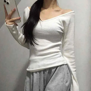 Delicate Fit Slim Off-Shoulder Ribbed Long Sleeve T-Shirt