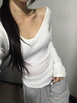 Delicate Fit Slim Off-Shoulder Ribbed Long Sleeve T-Shirt