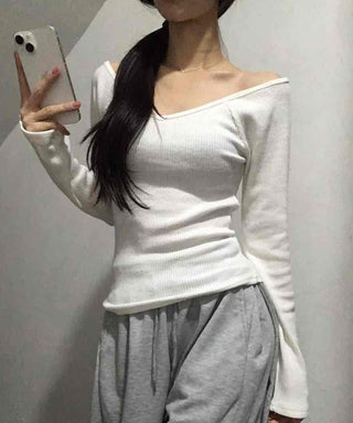 Delicate Fit Slim Off-Shoulder Ribbed Long Sleeve T-Shirt