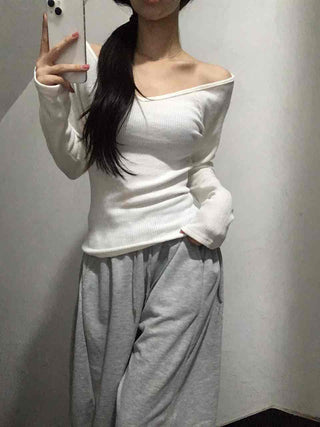 Delicate Fit Slim Off-Shoulder Ribbed Long Sleeve T-Shirt