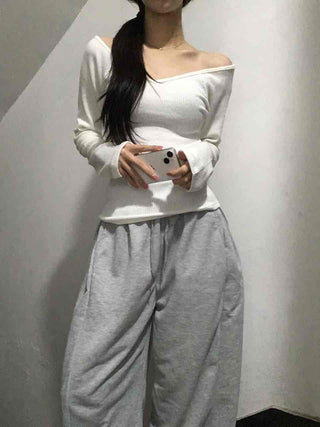 Delicate Fit Slim Off-Shoulder Ribbed Long Sleeve T-Shirt