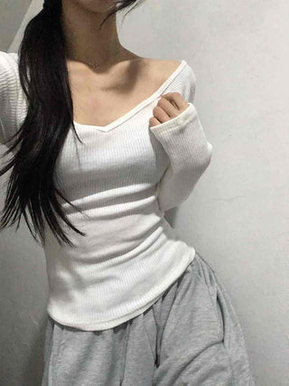 Delicate Fit Slim Off-Shoulder Ribbed Long Sleeve T-Shirt
