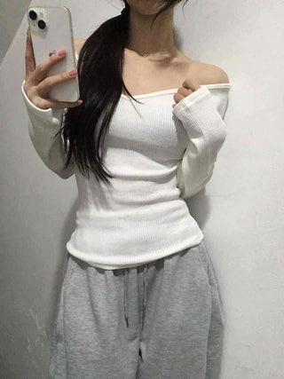 Delicate Fit Slim Off-Shoulder Ribbed Long Sleeve T-Shirt