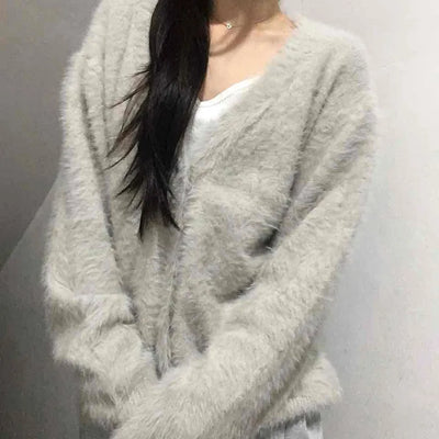 Fuzzy Texture Oversized V-Neck Fur Cardigan