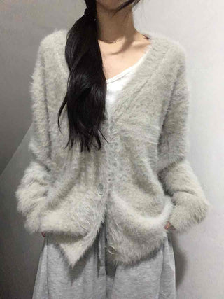Fuzzy Texture Oversized V-Neck Fur Cardigan