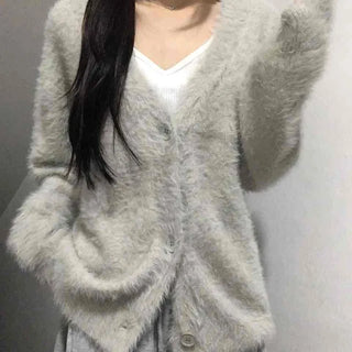 Fuzzy Texture Oversized V-Neck Fur Cardigan