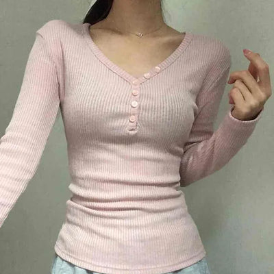 Delicate Fit Ribbed Button Neck Slim Layered Long Sleeve T-shirt