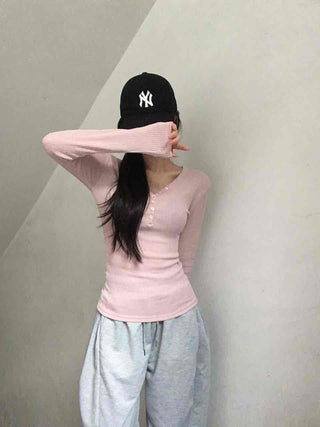 Delicate Fit Ribbed Button Neck Slim Layered Long Sleeve T-shirt