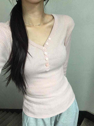 Delicate Fit Ribbed Button Neck Slim Layered Long Sleeve T-shirt