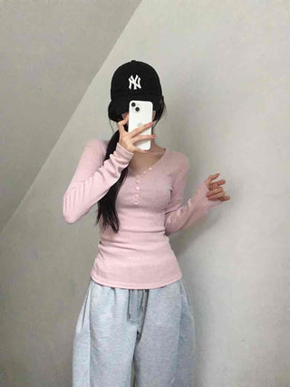Delicate Fit Ribbed Button Neck Slim Layered Long Sleeve T-shirt
