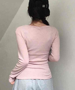 Delicate Fit Ribbed Button Neck Slim Layered Long Sleeve T-shirt
