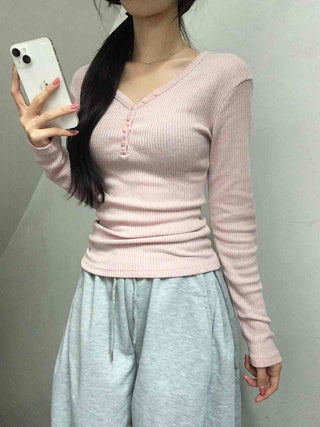 Delicate Fit Ribbed Button Neck Slim Layered Long Sleeve T-shirt
