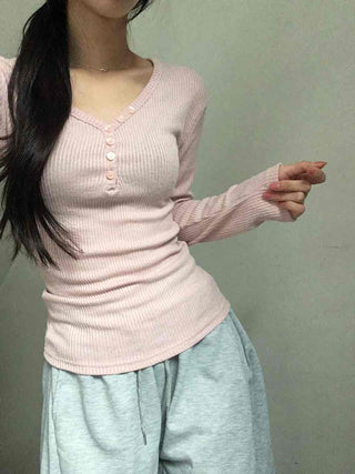 Delicate Fit Ribbed Button Neck Slim Layered Long Sleeve T-shirt