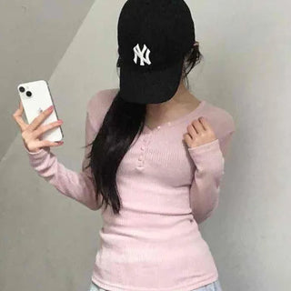 Delicate Fit Ribbed Button Neck Slim Layered Long Sleeve T-shirt
