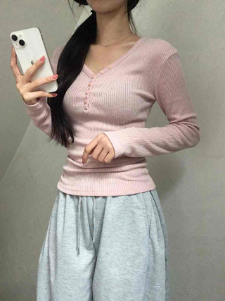 Delicate Fit Ribbed Button Neck Slim Layered Long Sleeve T-shirt