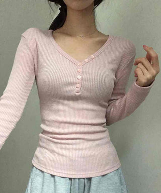 Delicate Fit Ribbed Button Neck Slim Layered Long Sleeve T-shirt