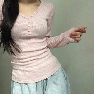 Delicate Fit Ribbed Button Neck Slim Layered Long Sleeve T-shirt