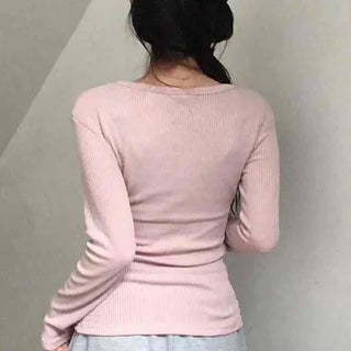 Delicate Fit Ribbed Button Neck Slim Layered Long Sleeve T-shirt