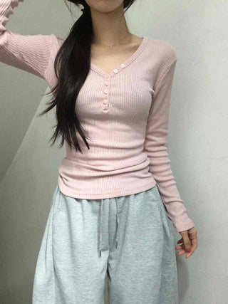 Delicate Fit Ribbed Button Neck Slim Layered Long Sleeve T-shirt