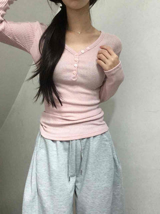 Delicate Fit Ribbed Button Neck Slim Layered Long Sleeve T-shirt