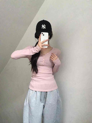 Delicate Fit Ribbed Button Neck Slim Layered Long Sleeve T-shirt