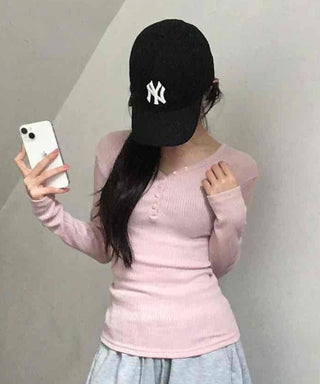 Delicate Fit Ribbed Button Neck Slim Layered Long Sleeve T-shirt