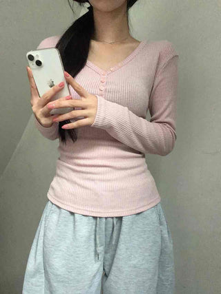 Delicate Fit Ribbed Button Neck Slim Layered Long Sleeve T-shirt