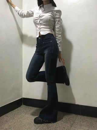 High-Waisted Elastic Slim Bootcut Denim Pants