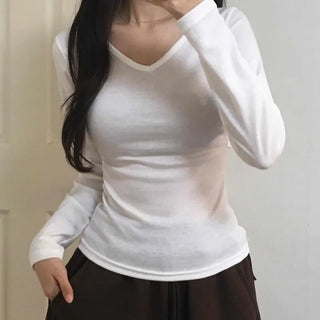 Soft Side Shirred Slim Fit V-Neck Long Sleeve T-Shirt