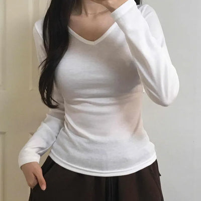 Soft Side Shirred Slim Fit V-Neck Long Sleeve T-Shirt