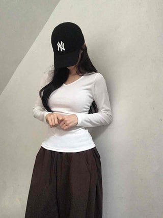 Soft Side Shirred Slim Fit V-Neck Long Sleeve T-Shirt