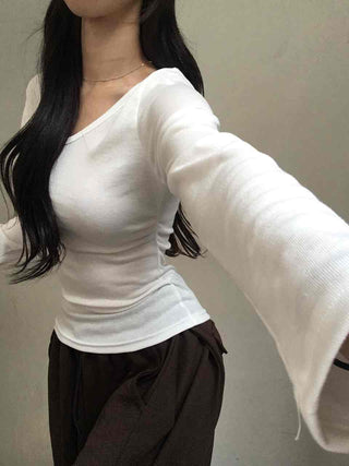 Soft Side Shirred Slim Fit V-Neck Long Sleeve T-Shirt