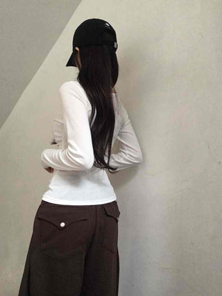 Soft Side Shirred Slim Fit V-Neck Long Sleeve T-Shirt