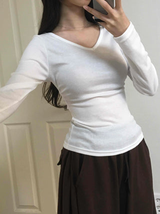 Soft Side Shirred Slim Fit V-Neck Long Sleeve T-Shirt