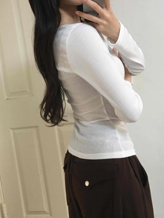 Soft Side Shirred Slim Fit V-Neck Long Sleeve T-Shirt