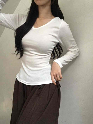 Soft Side Shirred Slim Fit V-Neck Long Sleeve T-Shirt