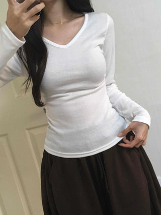Soft Side Shirred Slim Fit V-Neck Long Sleeve T-Shirt