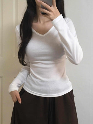 Soft Side Shirred Slim Fit V-Neck Long Sleeve T-Shirt