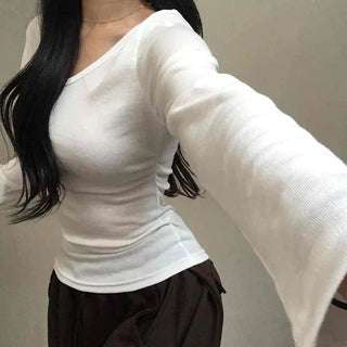Soft Side Shirred Slim Fit V-Neck Long Sleeve T-Shirt