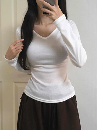 Soft Side Shirred Slim Fit V-Neck Long Sleeve T-Shirt