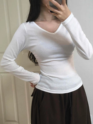 Soft Side Shirred Slim Fit V-Neck Long Sleeve T-Shirt