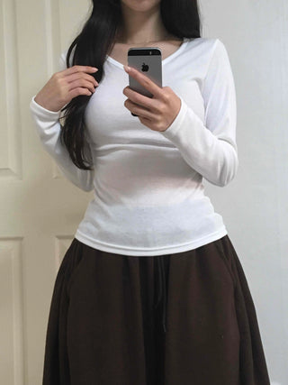 Soft Side Shirred Slim Fit V-Neck Long Sleeve T-Shirt