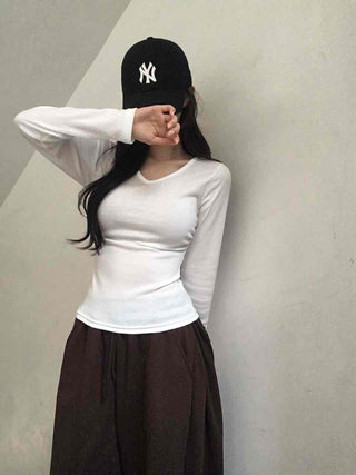 Soft Side Shirred Slim Fit V-Neck Long Sleeve T-Shirt