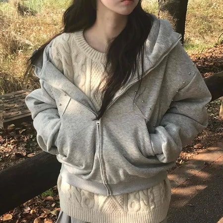 Daily Studded Loose Fit Zip-Up Hoodie